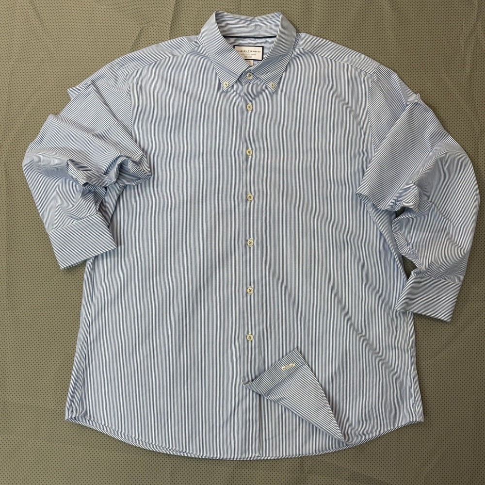 Charles Tyrwhitt Button Down Shirt Men 17.5 Blue White Bengal Striped Slim Fit